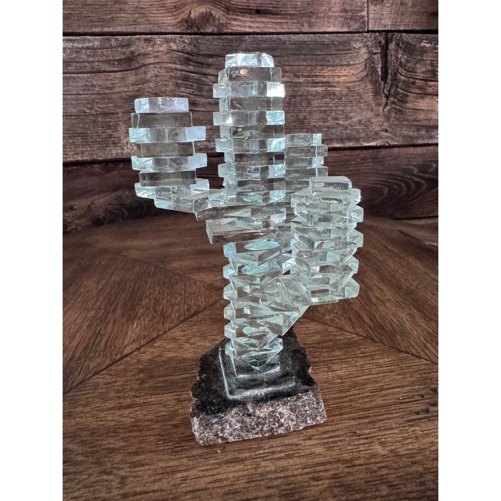 Vintage cut Stacked Glass Cactus Sculpture on Natural Stone Base Art Decor